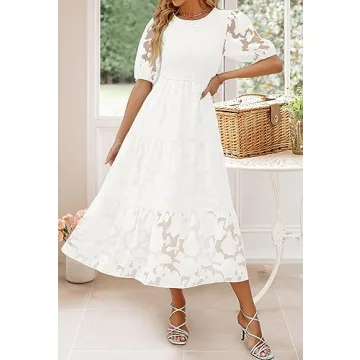 Trendy 2024 ZESICA Summer Midi Dress with Puff Sleeves