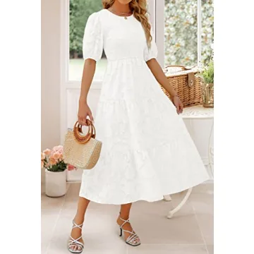 Trendy 2024 ZESICA Summer Midi Dress with Puff Sleeves