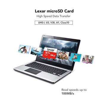 Lexar 64GB Micro SD Card, microSDXC UHS-I Flash Memory Card with Adapter - Up to 100MB/s, A1, U3, Class10, V30, High Speed TF Card