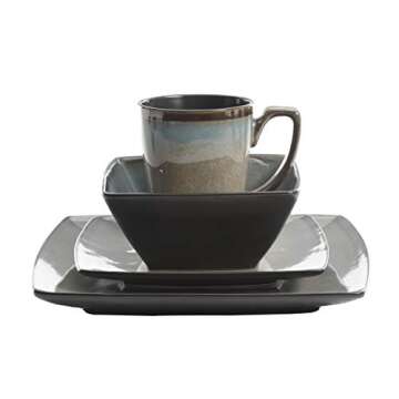 Gibson Elite Tequesta Square Reactive Glaze Stoneware Plates and Bowls Dishes Dinnerware Set, Service for 4 (16pcs), Taupe