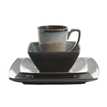 Gibson Elite Tequesta Square Reactive Glaze Stoneware Plates and Bowls Dishes Dinnerware Set, Service for 4 (16pcs), Taupe
