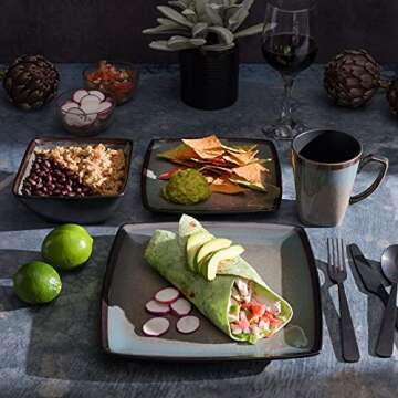 Gibson Elite Tequesta Square Reactive Glaze Stoneware Plates and Bowls Dishes Dinnerware Set, Service for 4 (16pcs), Taupe