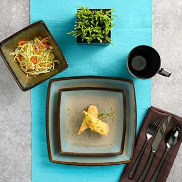 Gibson Elite Tequesta Square Reactive Glaze Stoneware Plates and Bowls Dishes Dinnerware Set, Service for 4 (16pcs), Taupe