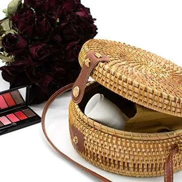 Monond Handmade Rattan Fashion Woven Bag Leather Buckle Crossbody Bag For Women