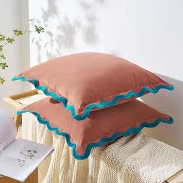 MONDAY MOOSE Decorative Throw Pillow Covers Cushion Cases, Set of 2 Soft Velvet Scalloped Wavy Edge Designs, Mix and Match for Home Decor, Pillow Inserts Not Included (Teal/Pink, 18x18 inch)
