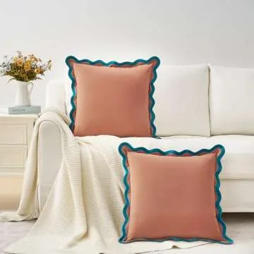 MONDAY MOOSE Decorative Throw Pillow Covers Cushion Cases, Set of 2 Soft Velvet Scalloped Wavy Edge Designs, Mix and Match for Home Decor, Pillow Inserts Not Included (Teal/Pink, 18x18 inch)