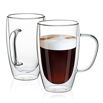 MEWAY 16oz Clear Glass Coffee Mugs - 2 Pack, Double Wall Insulated for Hot & Cold Drinks