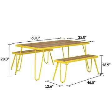 Novogratz 88192YNOE Poolside Paulette Outdoor Table and Bench Set, Yellow