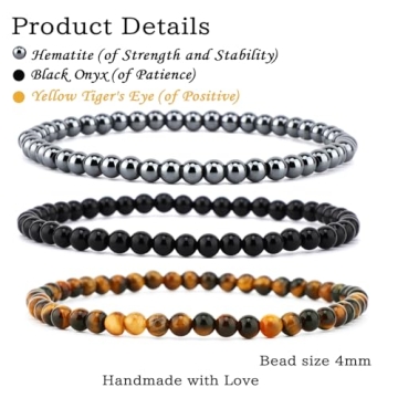 NCB 3-Piece 4mm Natural Gemstone Stretch Bracelets - Handmade Reiki Energy Healing Jewelry