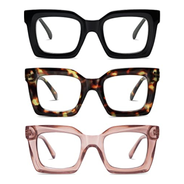 AMOMOMA 3PACK Retro Oversized Square Reading Glasses for Women Men Blue Light Computer Thick Womens ...