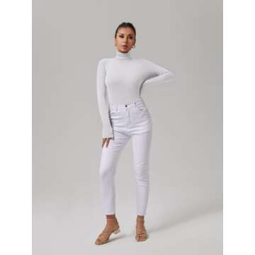 REORIA Women's Long Sleeve Ribbed Turtleneck Leotard Stretchy Bodysuit Basic Tops Jumpsuits White Small