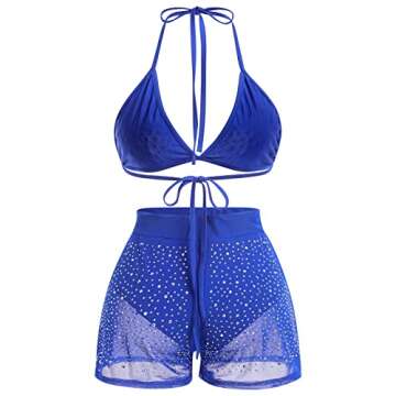 Women's Mesh Sheer Sparkle Rhinestone Bikini Sets Halter Bikini Bra Top High Waist Shorts Bottom Bathing Suit Rave Outfits Royal Blue Small