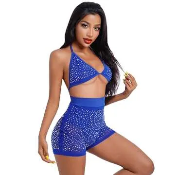 Women's Mesh Sheer Sparkle Rhinestone Bikini Sets Halter Bikini Bra Top High Waist Shorts Bottom Bathing Suit Rave Outfits Royal Blue Small