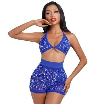 Women's Mesh Sheer Sparkle Rhinestone Bikini Sets Halter Bikini Bra Top High Waist Shorts Bottom Bathing Suit Rave Outfits Royal Blue Small