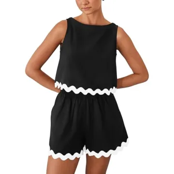 PRETTYGARDEN Women's 2 Piece Beach Vacation Outfits Casual Cropped Tank Top High Waist Shorts Set Tr...