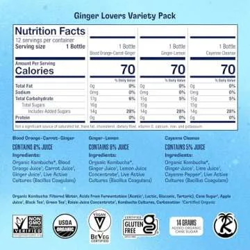 Health-Ade Kombucha Tea Organic Drink, Fermented Tea with Living Probiotics, Detoxifying Acids, Supports Gut Health, Non-GMO, Vegan, Gluten Free, 12 Pack (16 Fl Oz Bottles), Ginger Lovers Variety Pack