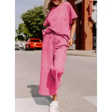 SHEWIN Women 2 Piece Outfits Sweat Set 2025 Casual Long Sleeve Crewneck Shirts Matching Lounge Pants Sets Cozy Pajamas Tracksuit Loungewear Sweatsuit Spring Clothes Hot Pink XXL