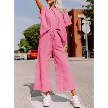 SHEWIN Women 2 Piece Outfits Sweat Set 2025 Casual Long Sleeve Crewneck Shirts Matching Lounge Pants Sets Cozy Pajamas Tracksuit Loungewear Sweatsuit Spring Clothes Hot Pink XXL