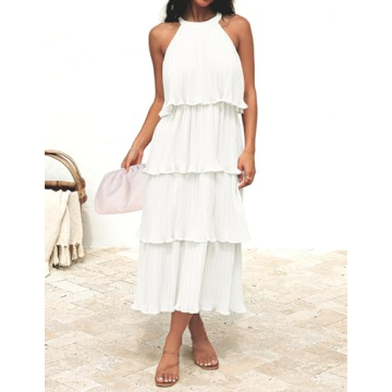 ZESICA Summer Sleeveless Halter Neck Ruffle Midi Dress