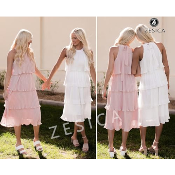 ZESICA Summer Sleeveless Halter Neck Ruffle Midi Dress