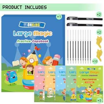 Monking Large Magic Practice Copybook for Kids,Handwriting Practice Book 5 Pack with Pen Refill English Cursive Calligraphy Reusable Age 3-8 ，11.4x8.3Inch (5pc+2 pen+Gift box)