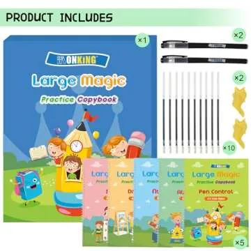 Monking Large Magic Practice Copybook for Kids,Handwriting Practice Book 5 Pack with Pen Refill English Cursive Calligraphy Reusable Age 3-8 ，11.4x8.3Inch (5pc+2 pen+Gift box)
