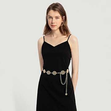 DTWAWA Hollow Round Decor Chain Belts for Women, Metal Waist Chain Plus Size for Her Dresses(Gold,41.3in)