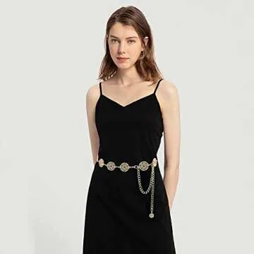 DTWAWA Hollow Round Decor Chain Belts for Women, Metal Waist Chain Plus Size for Her Dresses(Gold,41.3in)