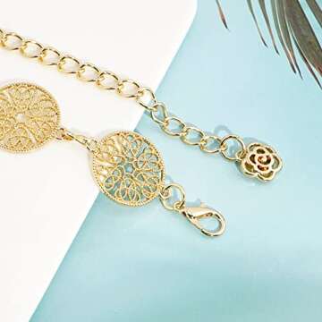 DTWAWA Hollow Round Decor Chain Belts for Women, Metal Waist Chain Plus Size for Her Dresses(Gold,41.3in)