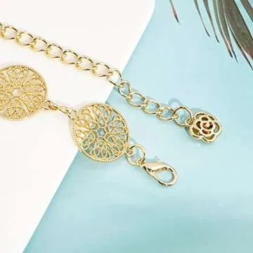 DTWAWA Hollow Round Decor Chain Belts for Women, Metal Waist Chain Plus Size for Her Dresses(Gold,41.3in)
