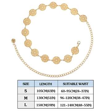 DTWAWA Hollow Round Decor Chain Belts for Women, Metal Waist Chain Plus Size for Her Dresses(Gold,41.3in)