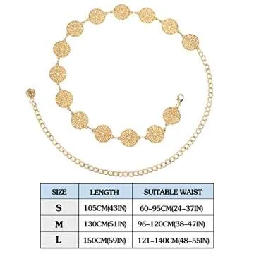 DTWAWA Hollow Round Decor Chain Belts for Women, Metal Waist Chain Plus Size for Her Dresses(Gold,41.3in)