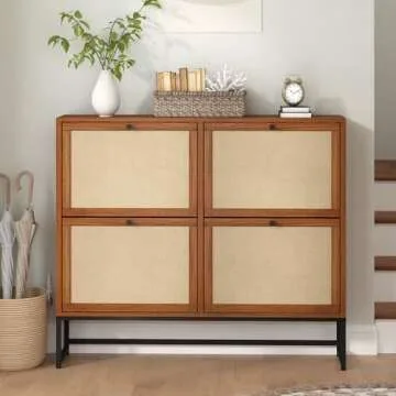 NVETHM Shoe Cabinet, Shoe Storage Cabinet with 4 Flax Flip Drawers and Mental Legs,Shoe Rack Free Standing Shoe Organizer for Entryway, Living Room (Walnut, 8-Tier)