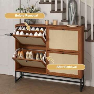 NVETHM Shoe Cabinet, Shoe Storage Cabinet with 4 Flax Flip Drawers and Mental Legs,Shoe Rack Free Standing Shoe Organizer for Entryway, Living Room (Walnut, 8-Tier)