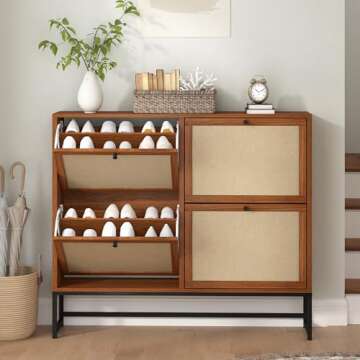 NVETHM Shoe Cabinet, Shoe Storage Cabinet with 4 Flax Flip Drawers and Mental Legs,Shoe Rack Free Standing Shoe Organizer for Entryway, Living Room (Walnut, 8-Tier)