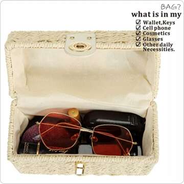 So'each Women's Handbag Wicker Square Crossbody Rattan Bag Boho Crossbody Bag (White)