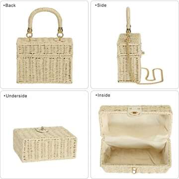 So'each Women's Handbag Wicker Square Crossbody Rattan Bag Boho Crossbody Bag (White)