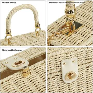 So'each Women's Handbag Wicker Square Crossbody Rattan Bag Boho Crossbody Bag (White)
