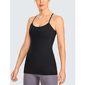 CRZ YOGA Women's Y Back Spaghetti Strap Workout Tank Tops - with Built in Shelf Bra Sports Camisole Padded Long Length Black Small