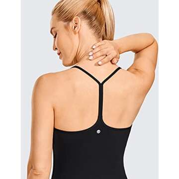 CRZ YOGA Women's Y Back Spaghetti Strap Workout Tank Tops - with Built in Shelf Bra Sports Camisole Padded Long Length Black Small