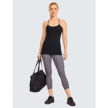 CRZ YOGA Women's Y Back Spaghetti Strap Workout Tank Tops - with Built in Shelf Bra Sports Camisole Padded Long Length Black Small