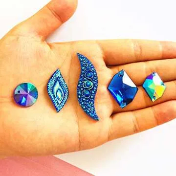 50PCS Special Effect Different Shapes Mirror AB Gems Sew On Rhinestones Faceted for Handicrafts Clothing Dress Decorations (Blue)