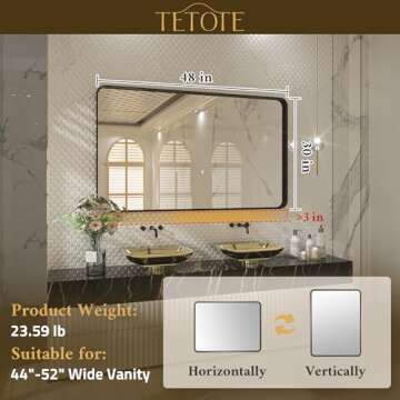 TETOTE 48 x 30 Inch Bathroom Mirror, Matte Black Modern Metal Frame Rectangle Wall Mounted Vanity Mirror (Horizontal/Vertical)