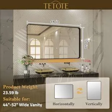 TETOTE 48 x 30 Inch Bathroom Mirror, Matte Black Modern Metal Frame Rectangle Wall Mounted Vanity Mirror (Horizontal/Vertical)