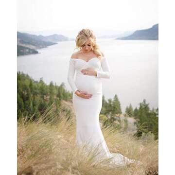 Saslax Women's Off Shoulders Sweetheart Neckline Long Sleeves Maternity Slim Fit Gown for Photograph...