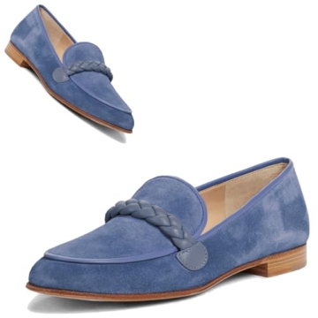 MOOMMO Women Comfortable Suede Loafer Flats Blue Round Closed Toe Slip On Penny Loafers Knitted Stra...