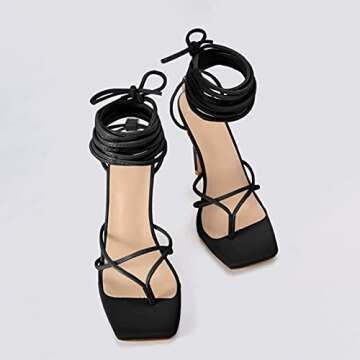 PiePieBuy Women's Lace Up Heeled Sandals Square Flip Flop High Heels Strappy Party Shoes