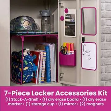 LockerMate 7-Piece Locker Organizer Kit, Includes Locker Shelf, Mirror, Whiteboard, Storage Cup & Dry Erase Marker, Pink