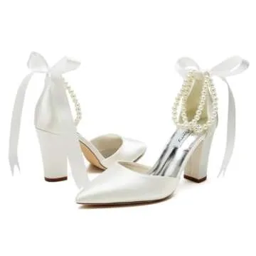 Elegant Block Heel Pearl Wedding Shoes for Brides