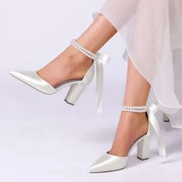 Elegant Block Heel Pearl Wedding Shoes for Brides